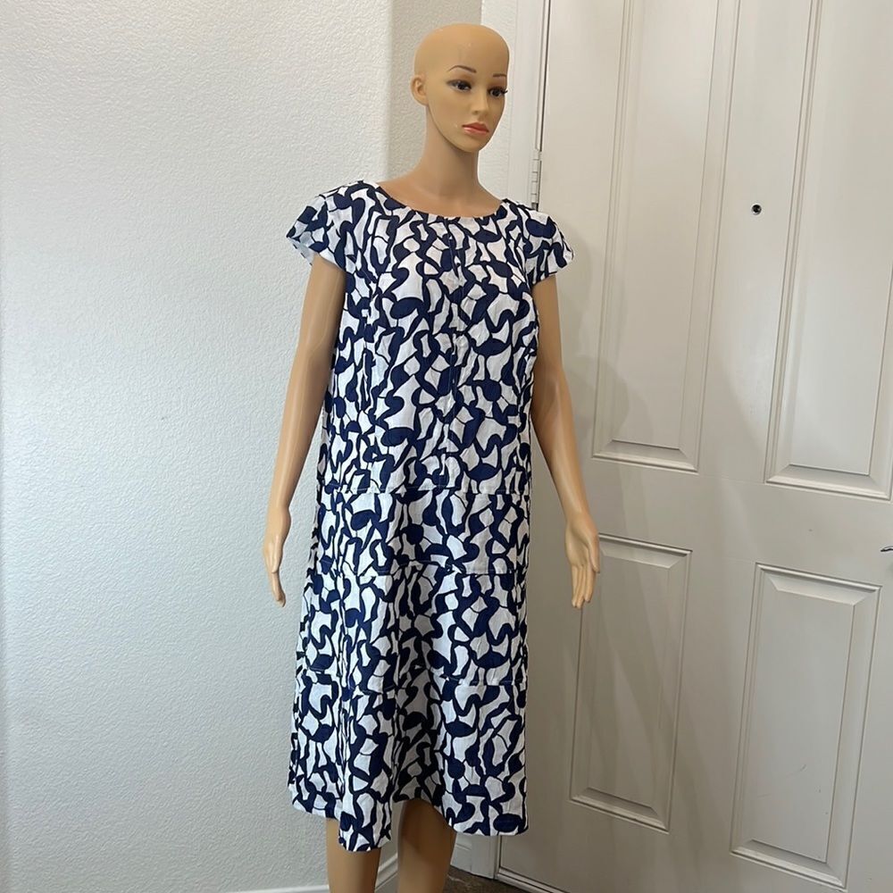Anne Klein Dress Size 14W Scoop Neck Cap Sleeve Midi Blue White Zipper Back